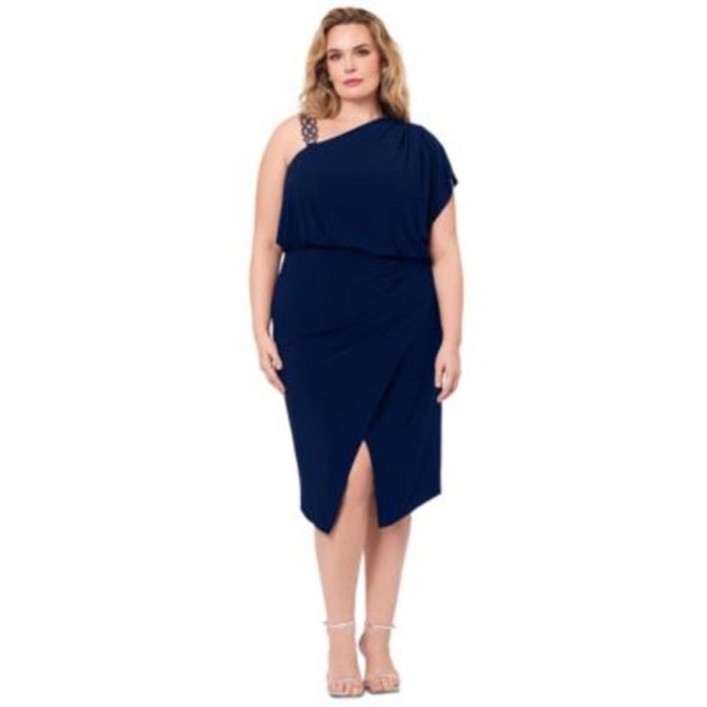 Betsy & Adam BA Navy High-Low Rhinestone One Shoulder Midi Dress Women' 22W